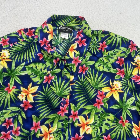 Caribou Hawaiian Shirt Women 1X Green Blue Pink Floral Button Up Shoulder Pads - Picture 3 of 12